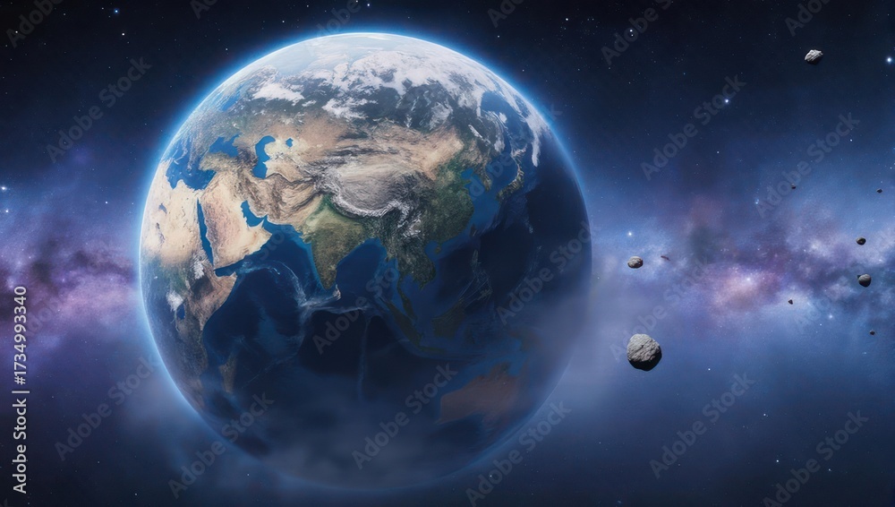 Obraz premium Earth in space, surrounded by asteroids and nebula