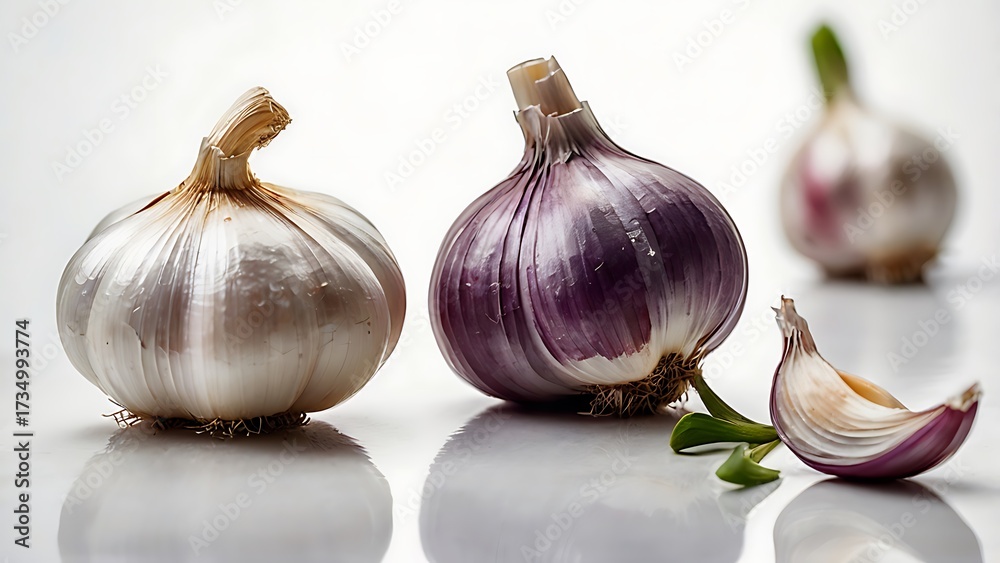 Obraz premium Fresh organic garlic cloves arranged in three unique positions isolated on clean white flat background high resolution professional stock image perfect for food design and culinary content