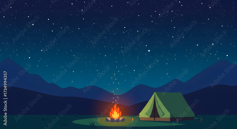 Fototapeta premium Illustration of a tranquil camping adventure with a bonfire glowing under a star-filled sky in a mountain valley