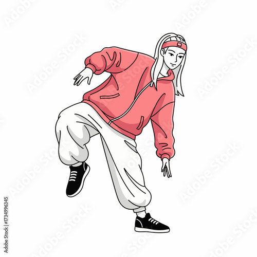 2D flat vector illustration of teenage character a gilpy teenage girl in oversized jacket and headband, performing a tilt step hip hop move with one leg bent and upper body leaning sideways