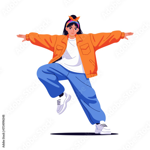 2D flat vector illustration of teenage character a gilpy teenage girl in oversized jacket and headband, performing a tilt step hip hop move with one leg bent and upper body leaning sideways