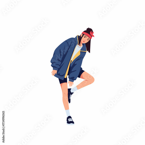 2D flat vector illustration of teenage character a gilpy teenage girl in oversized jacket and headband, performing a tilt step hip hop move with one leg bent and upper body leaning sideways