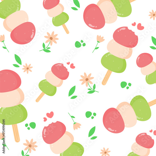 Mochi dango stick seamless pattern with fllower decoration. Cute japanase dessert. Can be used for wallpaper, paper wrapping, fashion fabric