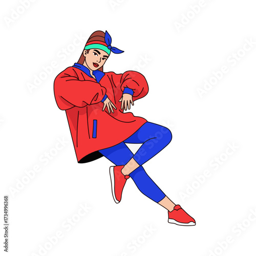 2D flat vector illustration of teenage character a gilpy teenage girl in oversized jacket and headband, performing a tilt step hip hop move with one leg bent and upper body leaning sideways