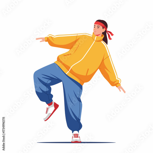 2D flat vector illustration of teenage character a gilpy teenage girl in oversized jacket and headband, performing a tilt step hip hop move with one leg bent and upper body leaning sideways