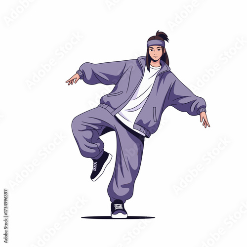 2D flat vector illustration of teenage character a gilpy teenage girl in oversized jacket and headband, performing a tilt step hip hop move with one leg bent and upper body leaning sideways