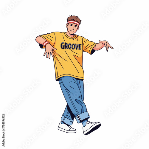 2D flat vector illustration of teenage character a gilpy teenage boy in retro streetwear, headband and loose jeans, starting a top rock dance move with crossed step and dynamic hand gestures