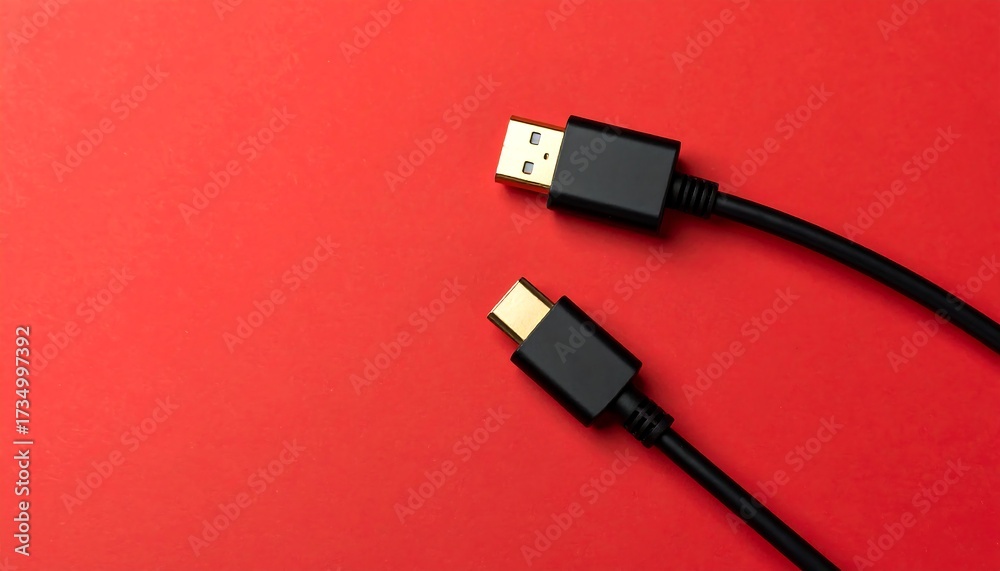 Fototapeta premium Two black cables, USB-C and DisplayPort, on red background