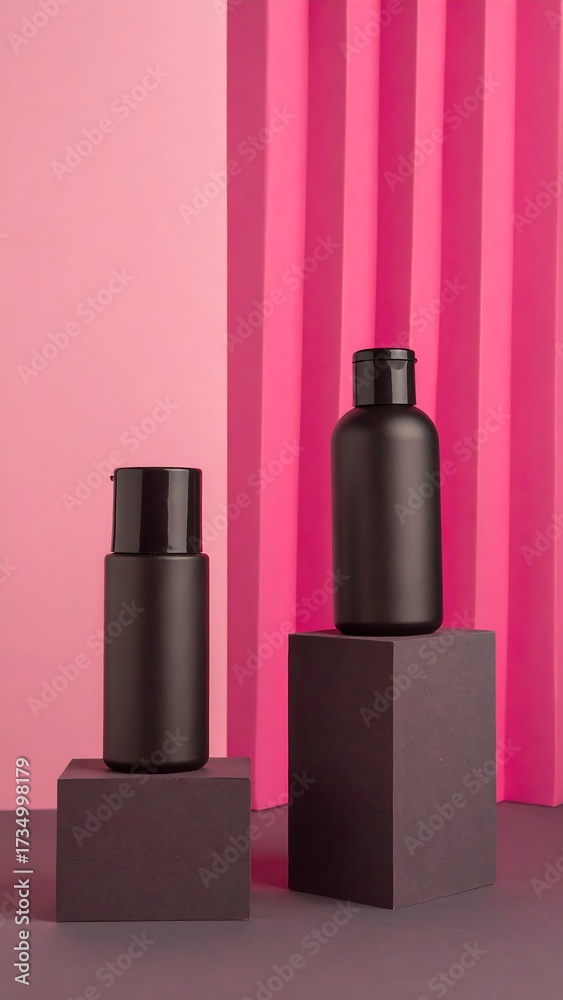 Fototapeta premium Two black cosmetic bottles on gray blocks against a pink background