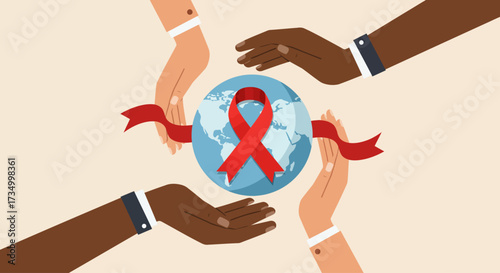A Flat Design vector illustration depicting diverse hands gently cradling a globe adorned with a red ribbon, symbolizing global unity and support on World AIDS Day.
