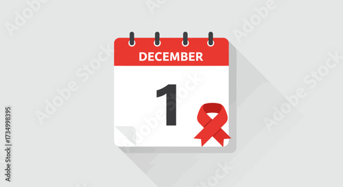 A Flat Design vector illustration displaying a calendar page with December 1st prominently marked and a red ribbon symbolizing the annual observance of World AIDS Day.