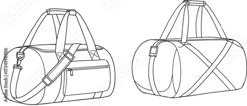 Duffel bag line drawing, travel gear illustration, shoulder strap design, cylindrical shape, black white sketch style