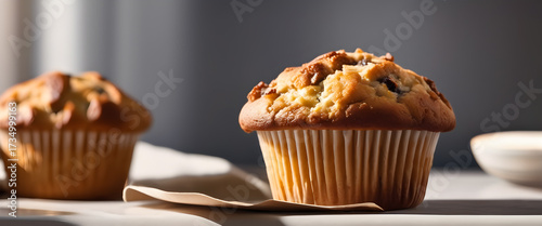 Chocolate chip muffin close up on gray background. Freshly baked cupcake. Golden muffin front view on minimalist background. Delicious baked cupcake.