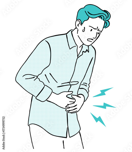 腹痛で苦しむ男性のイラスト,胃痛,体の不調,線画