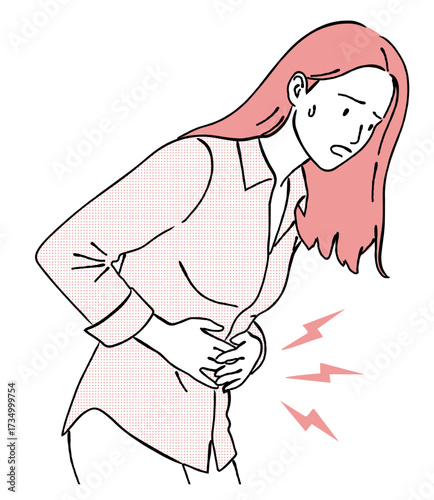 腹痛で苦しむ女性の線画イラスト,胃痛,生理痛,体の不調