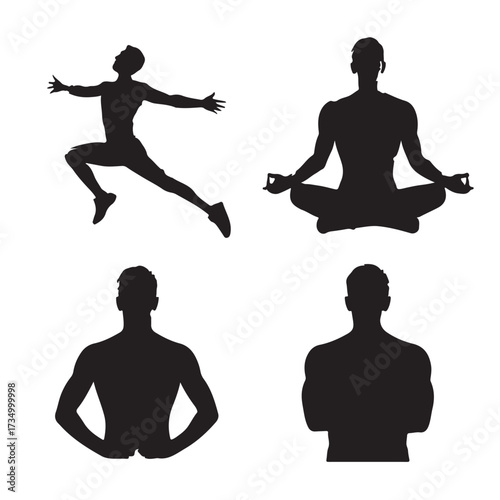 Four Silhouette Poses of a Man in Fitness and Meditation Poses male yoga
