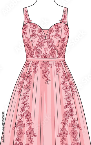 Elegant pink lace dress vector illustration featuring floral detailing, sweetheart neckline, pleated skirt, fashion design, bridal wear concept art