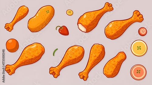 Chicken, fried chicken legs - food icons set