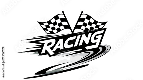 Racing flags and dynamic text in black and white, depicting high-speed movement and excitement.