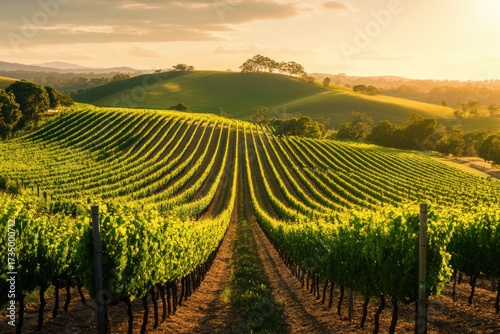 Wallpaper Mural Lush green vineyard under golden sunlight with rolling hills. Torontodigital.ca