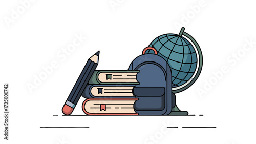 An illustration of school supplies with a backpack, globe, books and pencil.