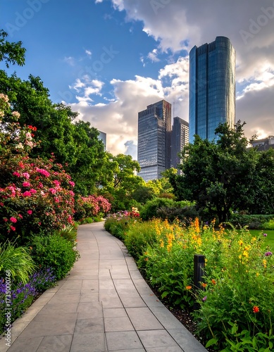 Urban park path with flowers and skyscrapers