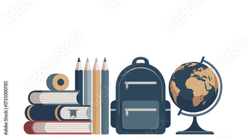 A stack of books and school supplies, including a backpack, pencils, and a globe, arranged together.