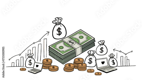 Financial success with rising charts and cash bundles.
