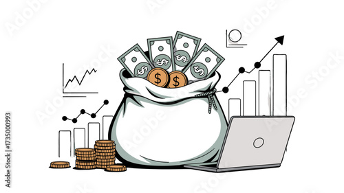 A digital illustration of a money bag surrounded by financial graphs and charts.