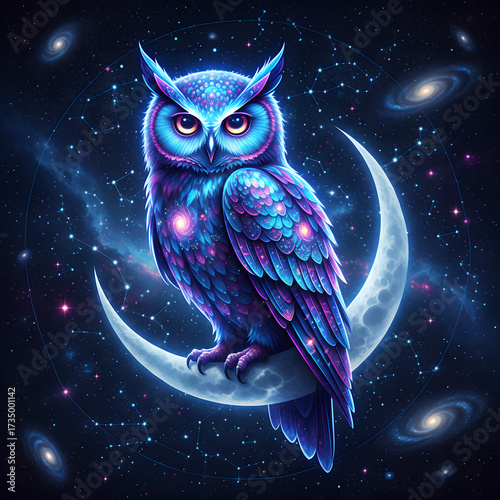 Galactic Owl Perched on Crescent – A glowing cosmic owl with radiant purple feathers and luminous eyes rests atop a silver crescent moon, surrounded by stars and galaxies in deep space.