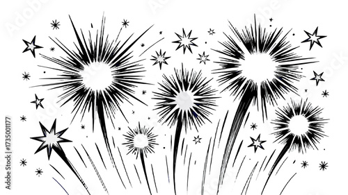 Festive black and white fireworks exploding with radiant bursts.