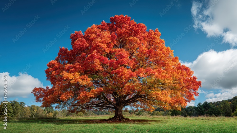 Naklejka premium Majestic Autumn Maple Tree Ablaze with Fiery Orange and Red Foliage Under a Vibrant Blue Sky.