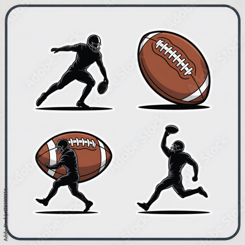 American Football Players and Ball Silhouettes on White Background athlete sport