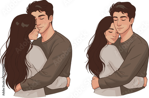 Romantic couple hugging, emotional embrace, love illustration, tender moment, affectionate pose, relationship art, grayscale style, peaceful vibe