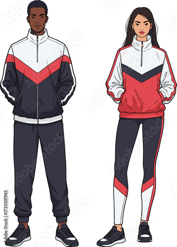 Stylish Modern Sportswear Vector Illustration of Man and Woman in Trendy Athletic Tracksuits for Fitness, Casual, and Urban Sportswear Content
