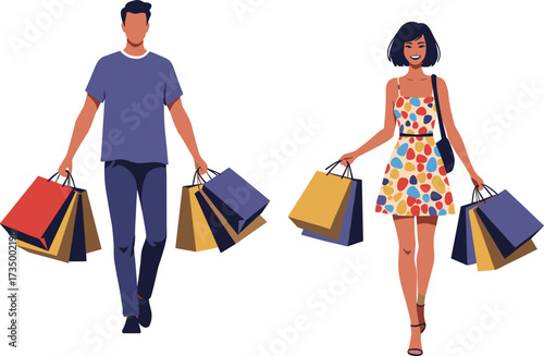 Shopping couple illustration, man and woman with bags, stylish retail therapy, joyful shopping spree, white background, fashion