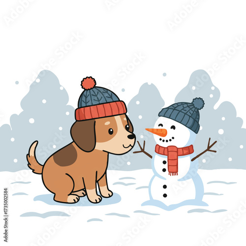 A cute dog in a knitted hat playfully nudges a friendly snowman with a carrot nose in a snowy garden, vibrant 2D flat vector illustration on a white background.