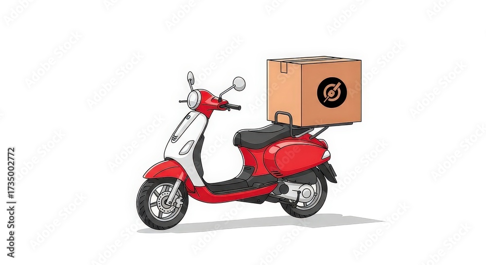 Fototapeta premium Red scooter with a delivery box on the back, cartoon style.