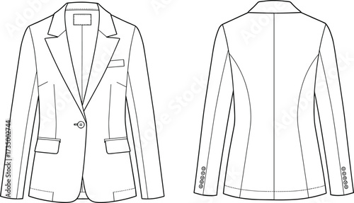 Women’s blazer technical sketch, front back view, fashion flat drawing, tailored jacket design, garment template, illustration