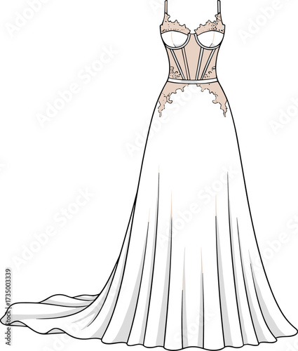 White Gown Vector with Lace Corset Bodice, Spaghetti Straps, Sweetheart Neckline for Bridal, Fashion, Formal Wear, and Design Themes