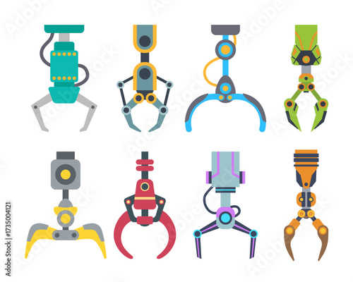 Set of mechanical claw toy set collection. Claw gripper for arm arcade game hook for prize. Factory game for grabbing machine tool robotic grabber, metal arm grab cable machinery vector illustration.