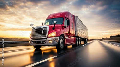 red semi-truck with an enclosed trailer drives dynamically on wet highway The dawn/dusk sky displays orange yellow and blue clouds reflecting vividly on the road surface Headlights shine
