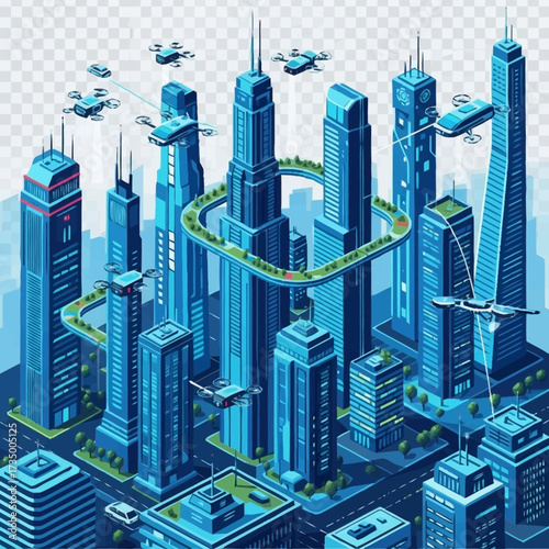 Isometric cityscape with blue skyscrapers elevated roadway and flying vehicles in an urban futuristic setting