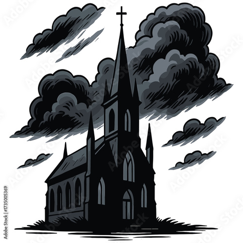 Gothic Church Vector Illustration with Stormy Clouds in Monochrome Style for Religious and Architectural Designs