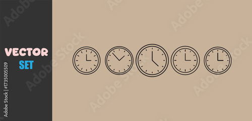 Collection of five oval shaped vintage style clocks showing different times