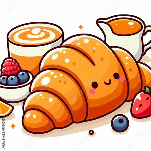 Kawaii croissant juice and berries scene cute and colorful