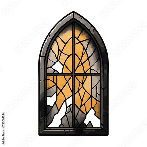 Vector Illustration of Broken Stained Glass Window with Lion Head in Modern Abstract Style in Warm Yellow and Gray Tones