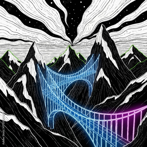 Mountainous landscape featuring two radiant connected bridges under a stylized sky