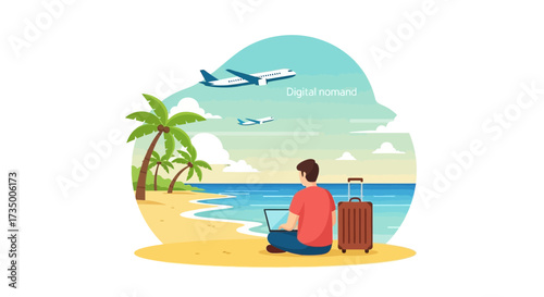 Digital nomad working on laptop at tropical beach with suitcase and airplanes flying in the sky, freelance remote work and travel lifestyle illustration