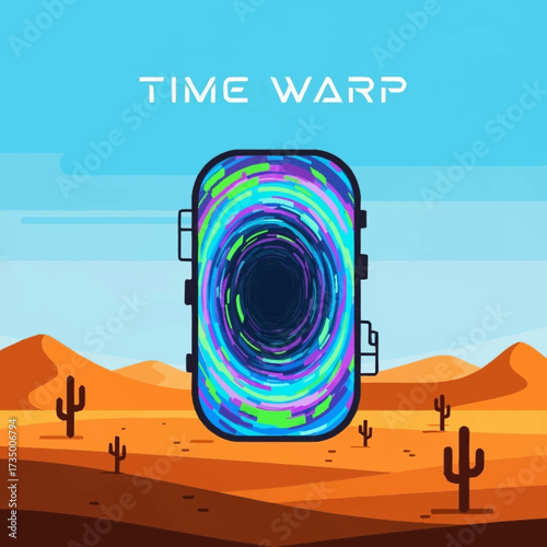 Pixel art depicts a Time Warp portal in a desert landscape